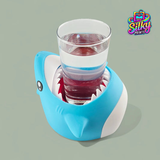 Blue shark-shaped cup holder with a glass of red liquid on a gray background, featuring the Silky Prints logo.